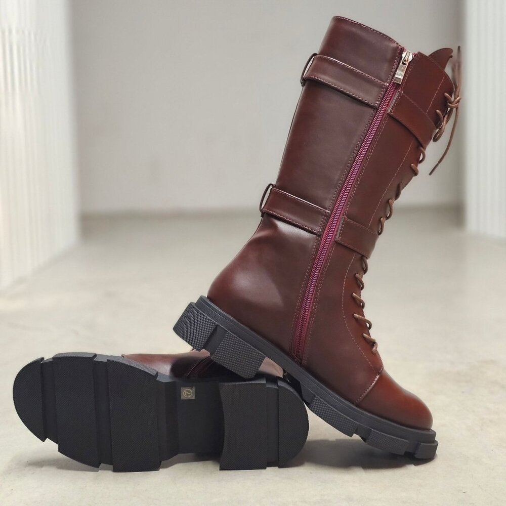 Lace-Up Wine Combat Boots With Detachable Utility Pouches & Side Zippers For Wom - Picture 2 of 12